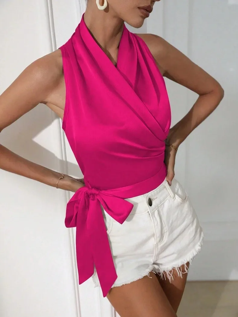 Women's Satin Sleeveless Halter Neck Tie Front Wrap Side Solid Color Slim Fit Blouse Tank Top for Women Clothing Female Fashion