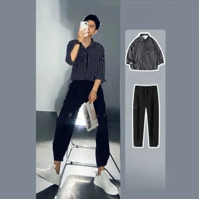 

​ Мужской летний комплект: рубашка с коротким рукавом в полоску и брюки из струящегося ледяного шелка в стиле HK, модный образ ​