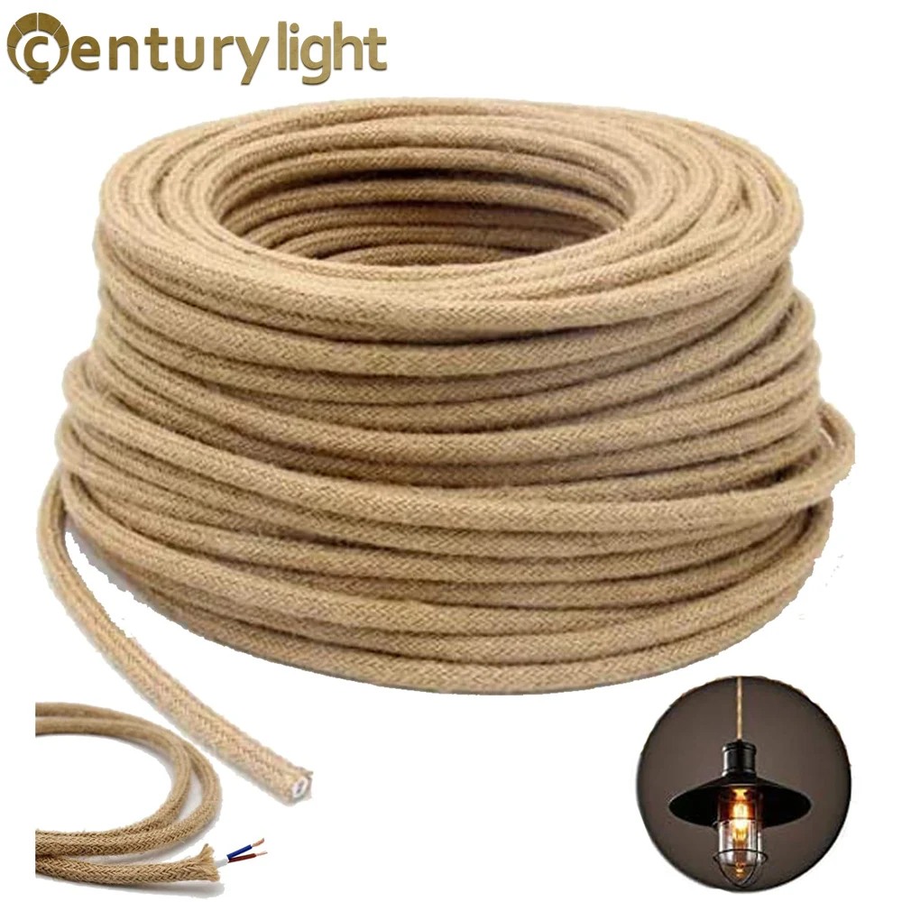 Vintage Power Cord Hemp Rope, Cobre Claro, Trançado Cabo Flexível, Fio Elétrico para Luzes Retro Pingente, Cabo de lâmpada