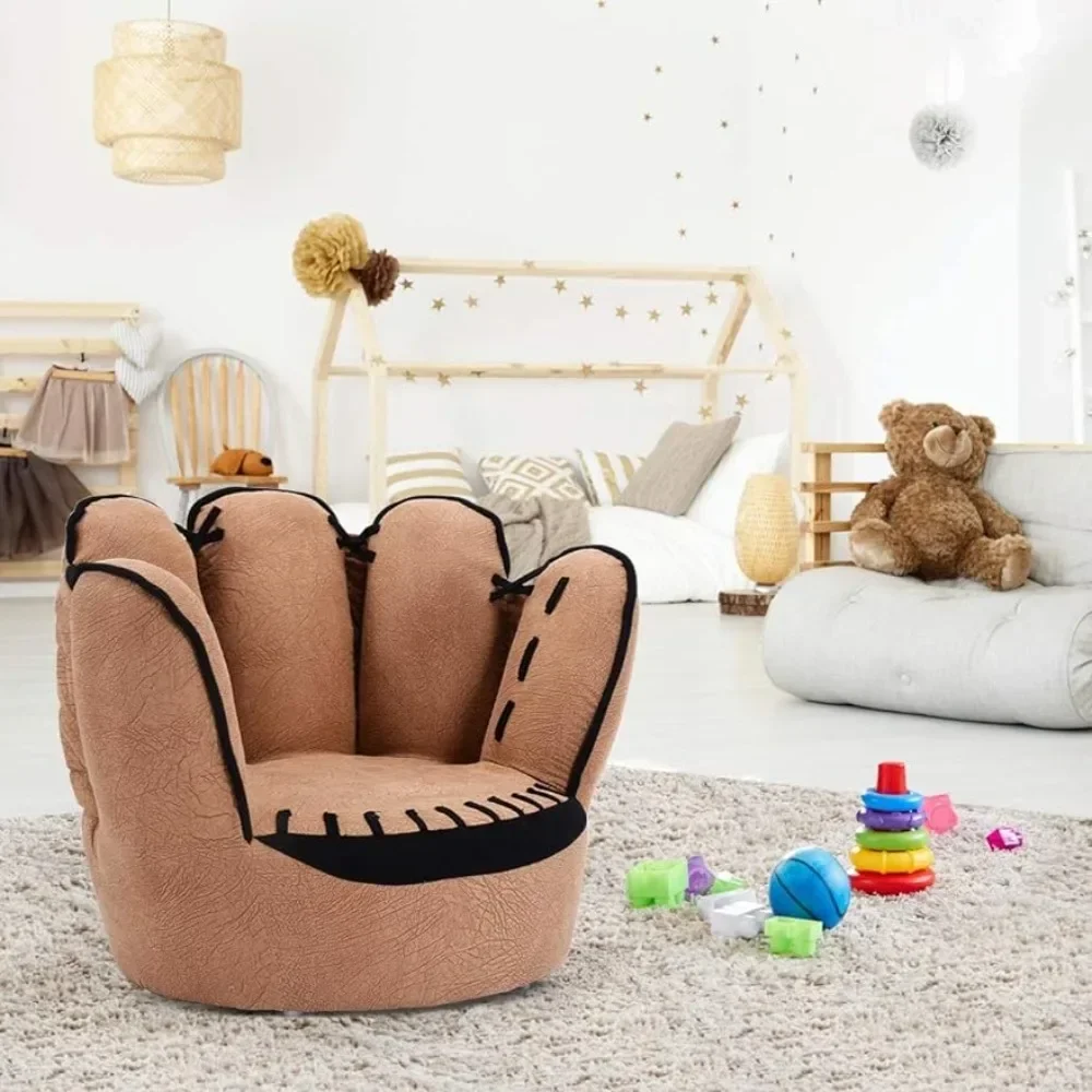 Children's sofa Wooden upholstered toddler armchair, Boys and girls armchair in the shape of a baseball glove, brown