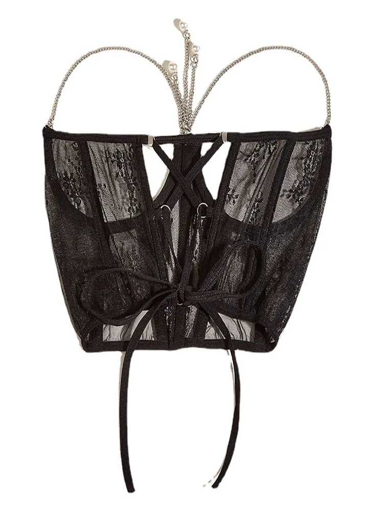 Sexy Corset Underbust Punk Metal Chain Black Women Top Curve Shaper Strap Slimming High Waist Belt Lace Bustiers