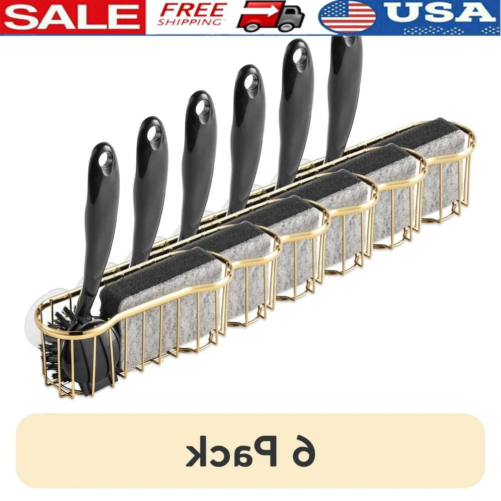 

Gold 3 Piece Caddy Brush Set with Suction Cup Sink Organizer Durable Cleaning Tools Compact Design Kitchen Elegance