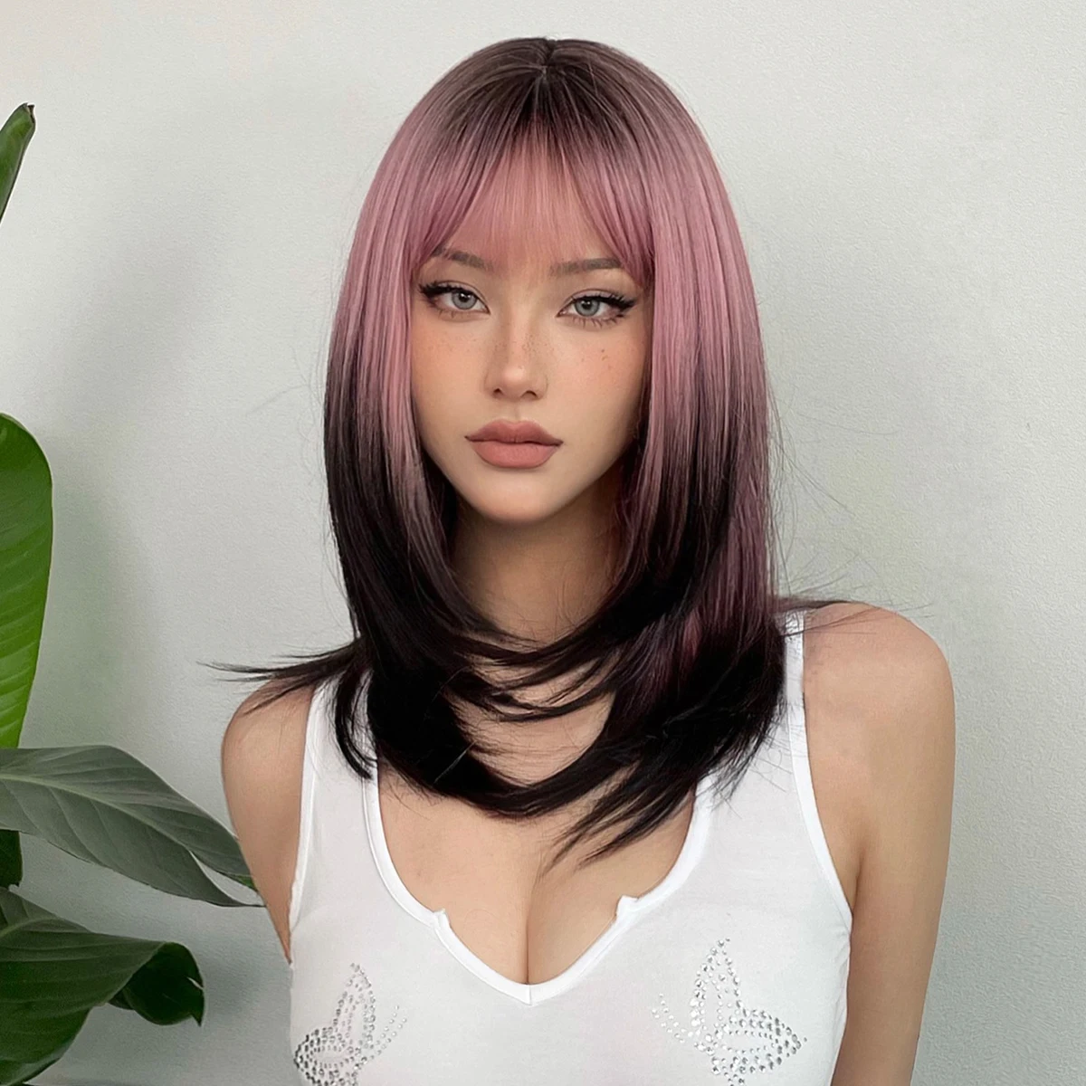 ALAN EATON Black Pink Ombre Synthetic Wigs for Black Women Long Layered Straight Wig Mixed Colored Cosplay Hair High Temperature