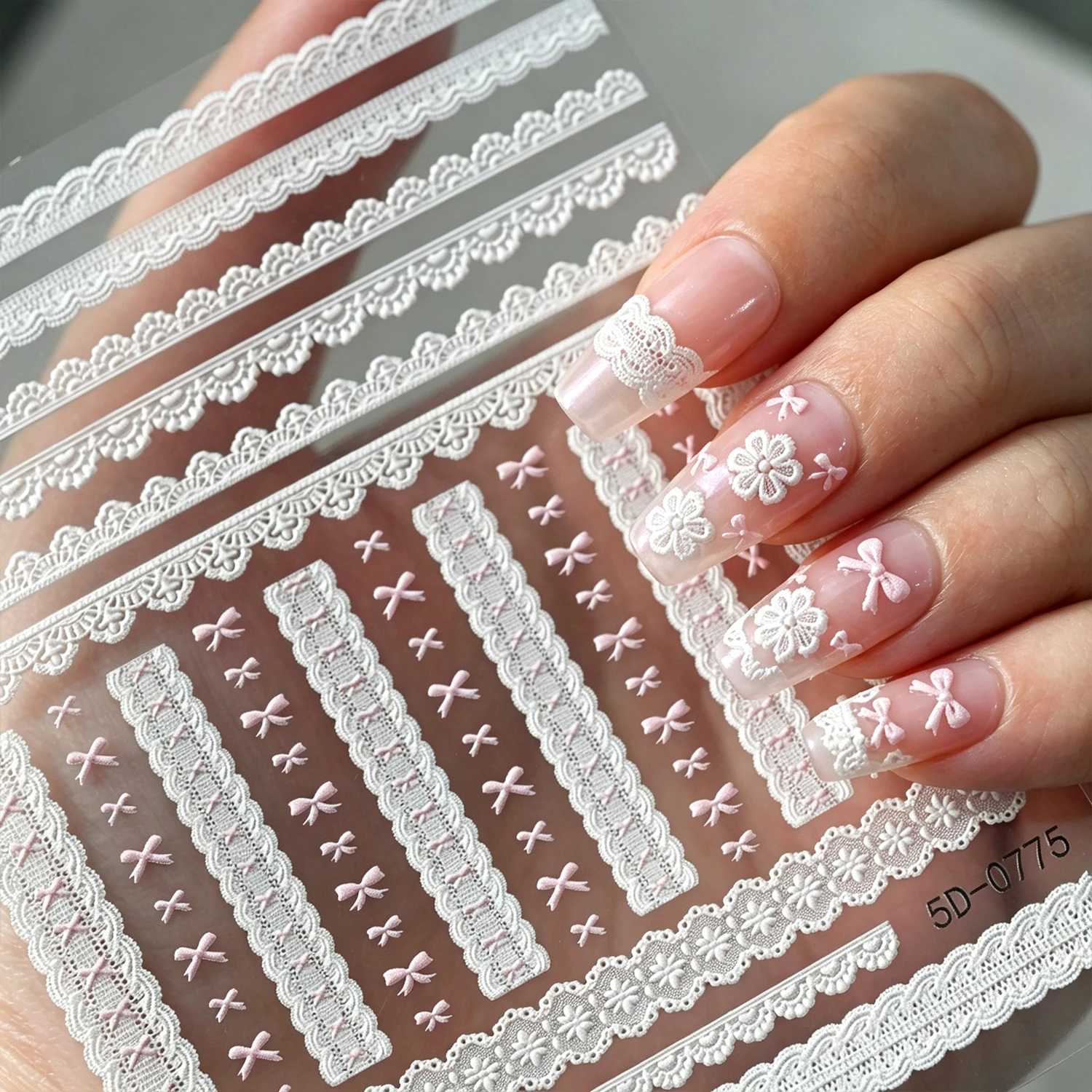 1Pcs 5D Embossed White Lace Pink Bow Nail Stickers Sweet Bowknot Knit Laces Nails Decals Japanese Cool Girls Manicure Decoration
