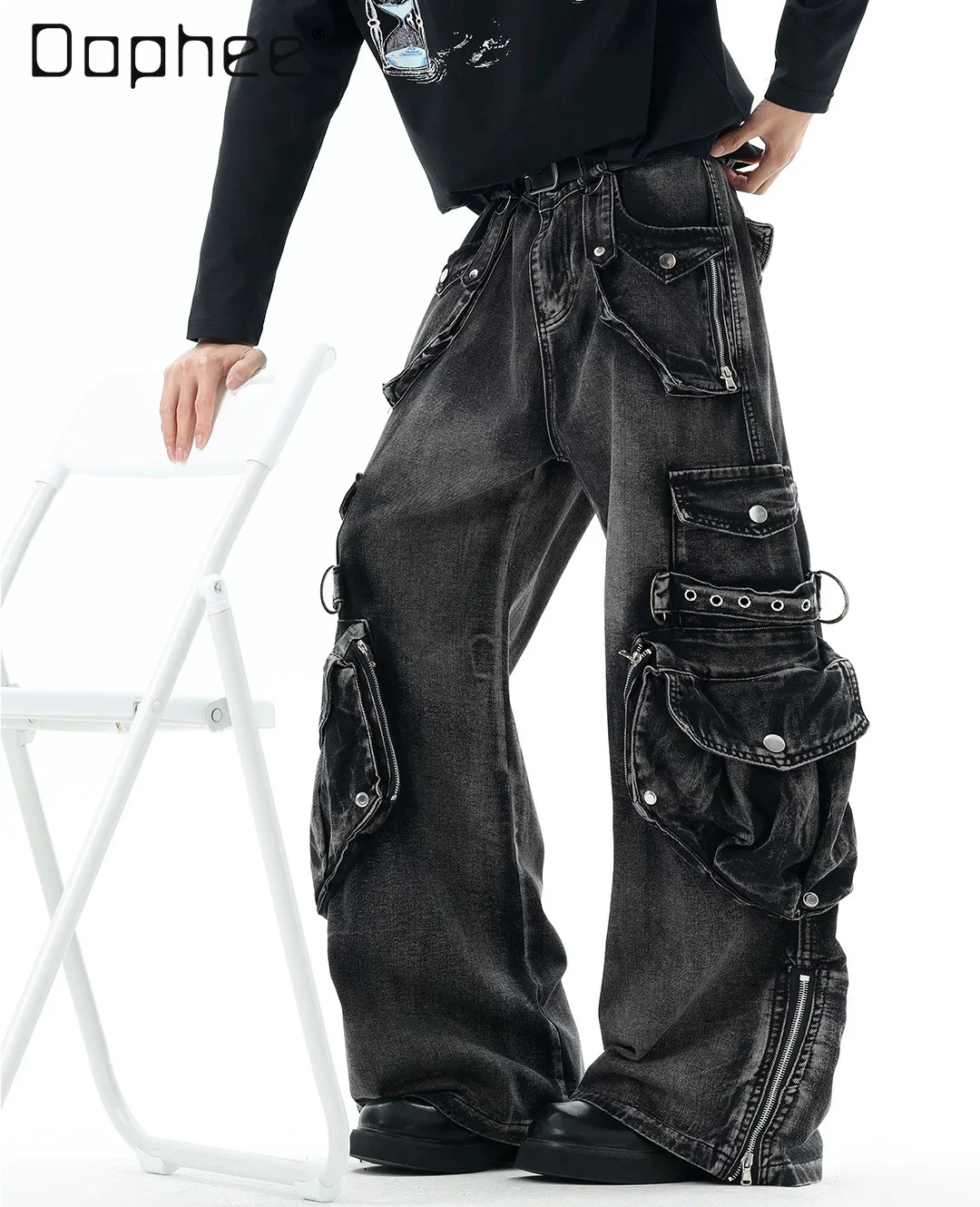 2026 Summer Men's Hip Hop Punk Multi Pocket Cargo Jeans High Street Heavy Wash Distressed Wide Leg Floor Drape Denim Cargo Pants
