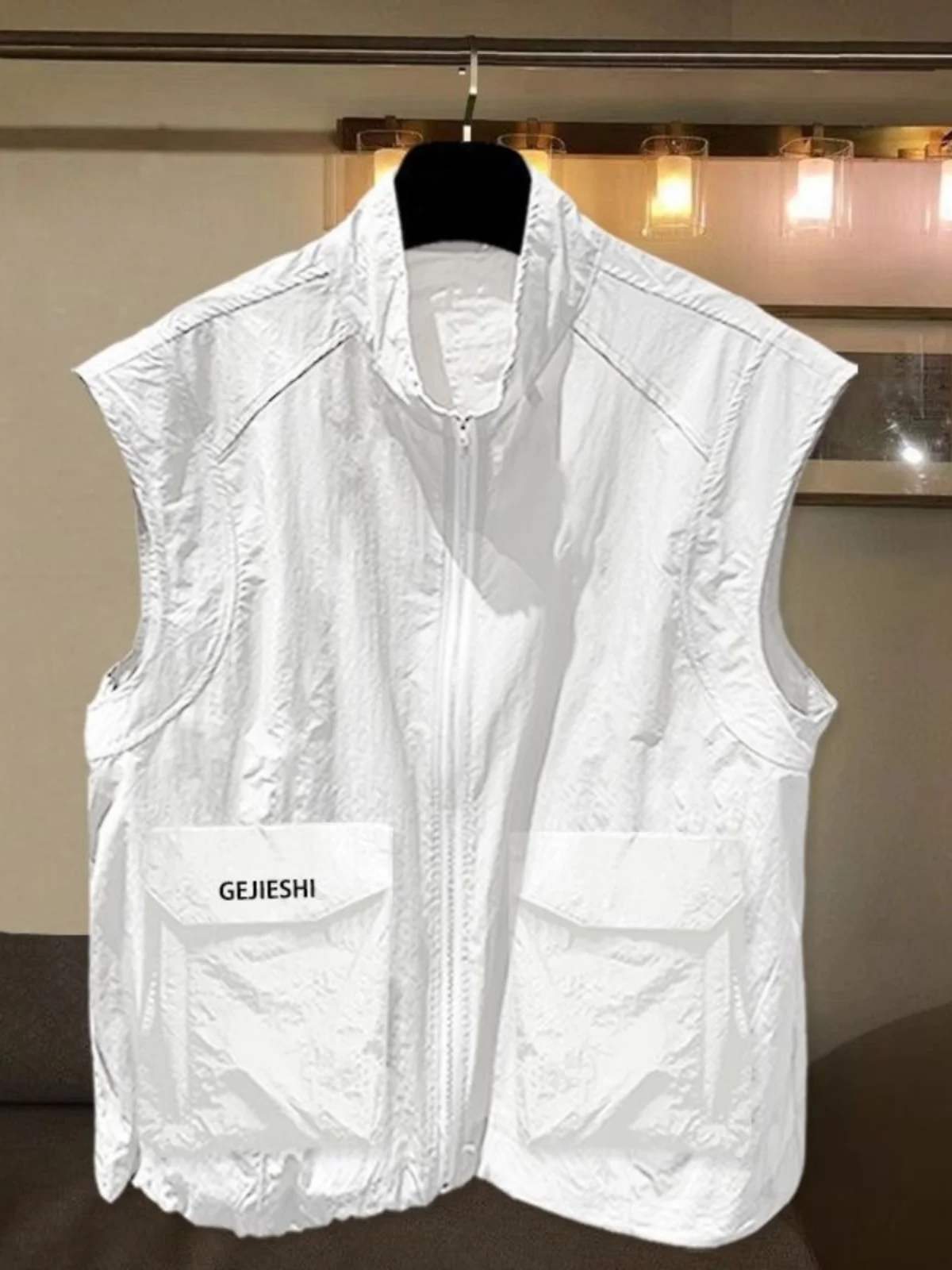 

Летняя мужская майка-безрукавка на молнии с высоким воротником, вышивкой и подплечниками, в стиле рабочей одежды, для студентов