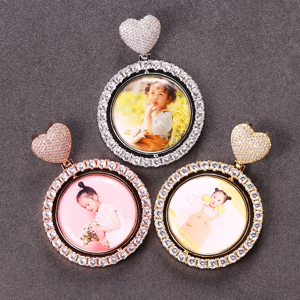 Hip Hop Custom Rotating Round Double Sided Heart Pendant Necklace Cz Memory Photo Pendant Necklace For Women Men