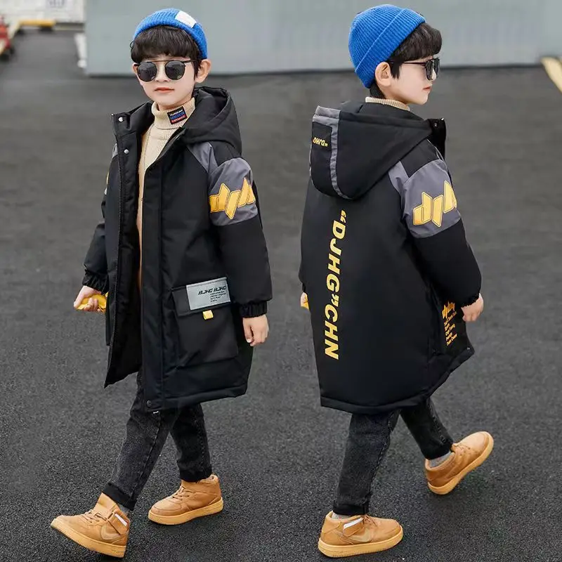 Boys Winter Clothing Thick Warm Cotton-Padded Jacket Velvet Padded Thickened Coat Mid-Length Style 2023 New Winter Boys' Clothes