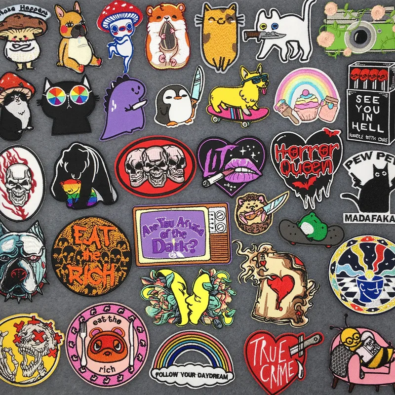 Embroidery Patch DIY Sewing Cartoon Cat Clothes Patches Sewing Clothes Funny Punk Skull And Animal Ironing Applications