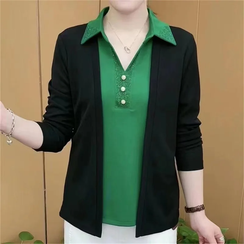 

Fashion Middle Aged And Elderly Mothers' T-shirts Fake Two Tiktok Clothes Spring And Autumn Shirt Long Sleeves Shirt Black Coat