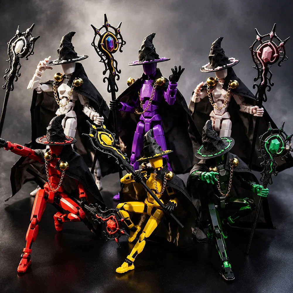 Multi Joint Wizard Action Figure Robot Toy with Magic Staff Cape Hat Movable Articulated Doll Desktop Decoration Collectible