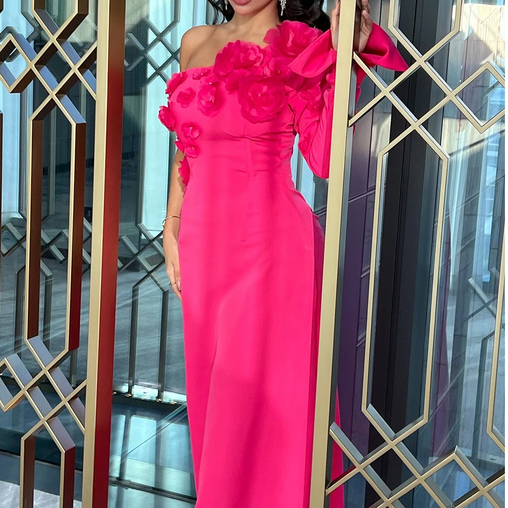 

Luxury Jersey Straight One Shoulder Appliques and Pearls Evening Dress Long Sleeves Floor Length Solid Color Vestidos de fiesta