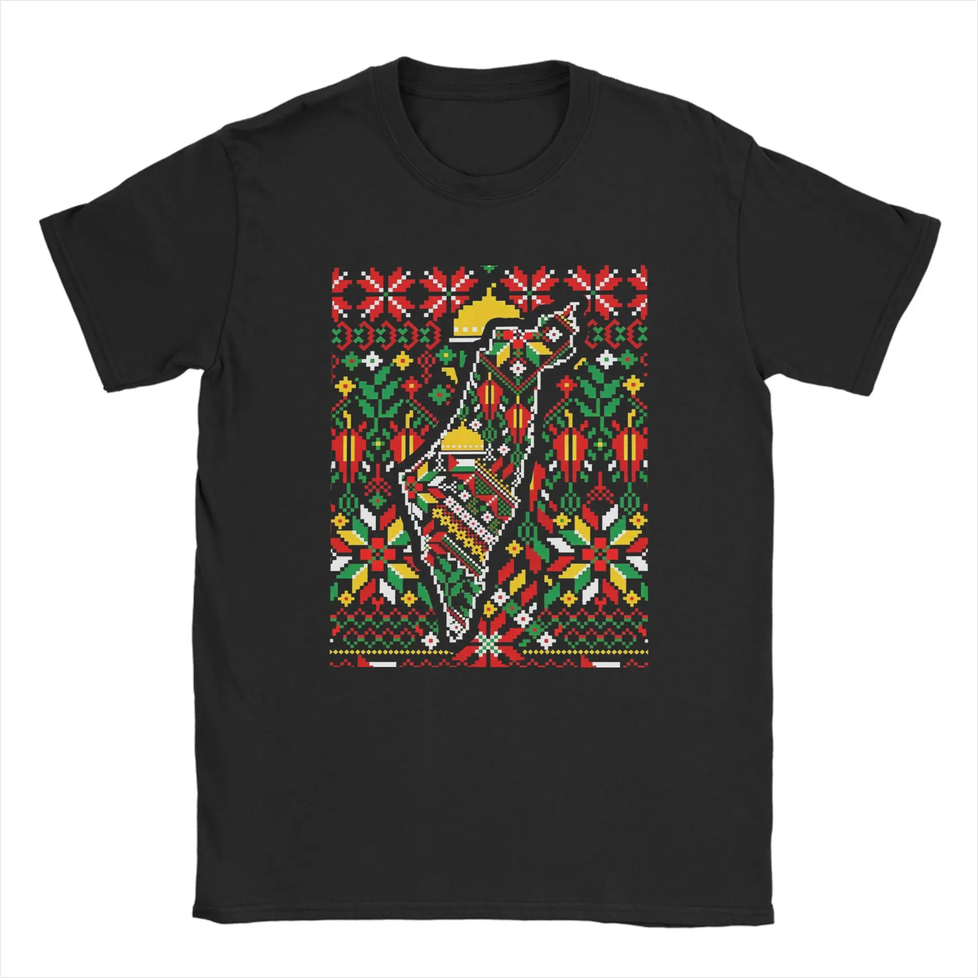 Palestine Map Tatreez Embroidery Style T-Shirts for Men Funny Pure Cotton Tee Shirt Crew Neck Short Sleeve T Shirts Gift Clothes