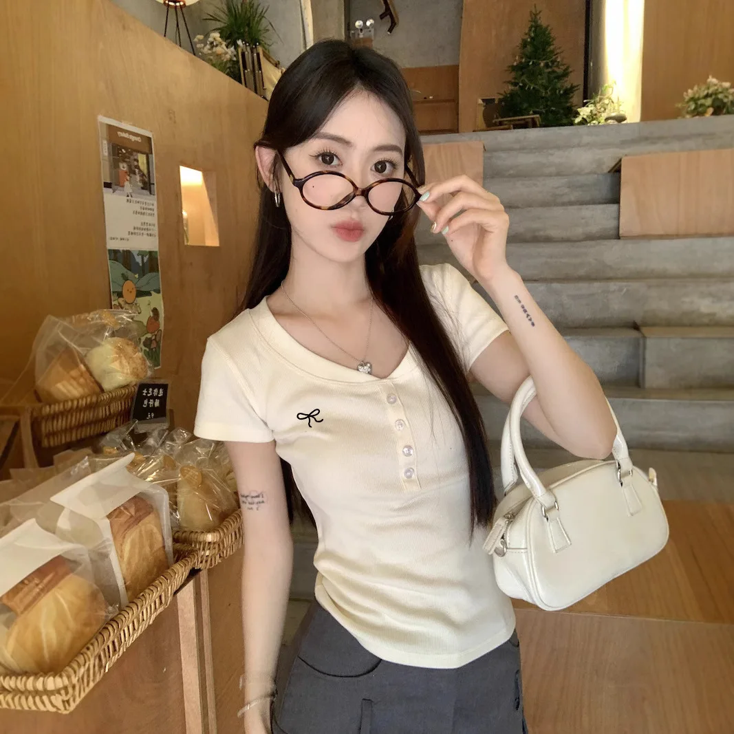 Women Summer Sexy Short Sleeve T-Shirts Tops Solid Slim Fit Pullovers Causal Tees Female Bow Embroidery Streetwear Basics Tees
