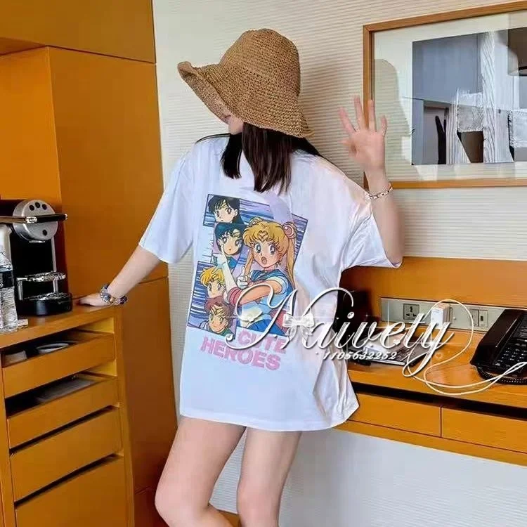 2026 T-Shirt 90er Anime Sailor Moon Retro Grafik Sommer Baumwolle Herren Damen Tee Streetwear Trend Kurzarm Paar Hip Hop Top