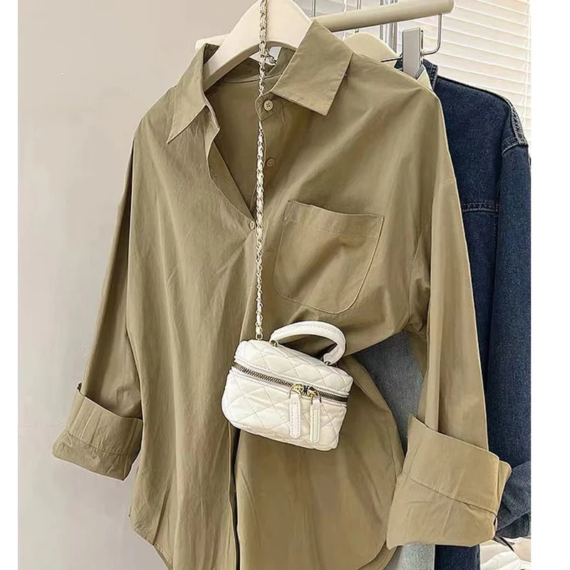 Spring Autumn New Solid Color Shirt Women High Street POLO Collar Long Sleeve Button Cardigan Elegant Pockets Patchwork Tops