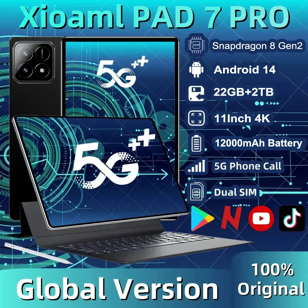 

2025 New Original Pad 7 Pro Global Version Snapdragon 8 Gen2 Android 14 Tablets PC 22GB+2TB 5G WiFi Dual SIM GPS Mi Tab