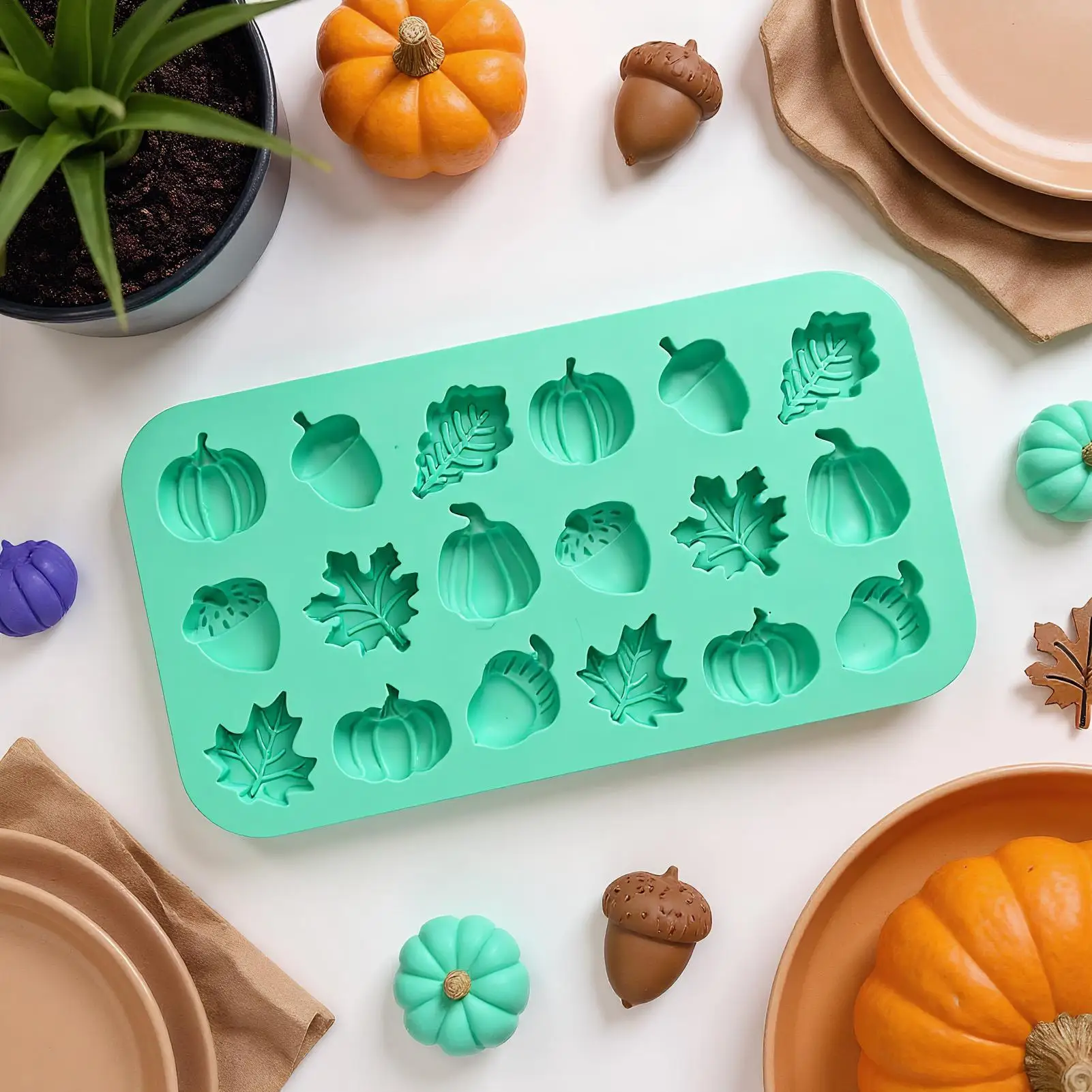 Mini Fall Molds 18-Cavity Pumpkin Pine Cone Maple Leaves Moulds Mini Silicone Non Stick Easy Release Molds for Craft Soap