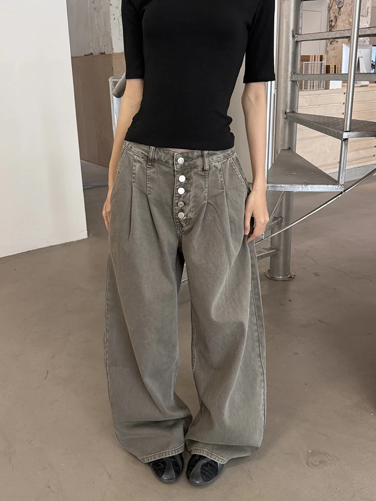 

URKR Women's Loose Wide Leg Jeans Five Button Loose Feeling Casual Pants American Retro Drapey Spicy Girl l Waist Jeans