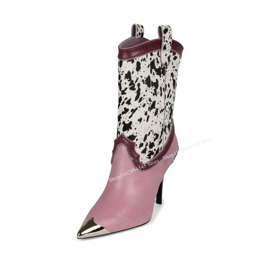 

Pattern Patchwork Mid Calf Zipper Boots Thin High Heel Fashionable Sexy Winter Casual Big Size Woman Shoes Zapatillas Mujer