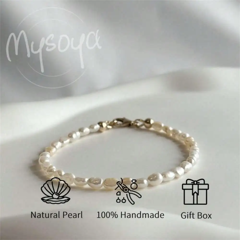 

MYSOYA белый рисовый браслет в стиле барокко 3-4 мм с жемчугом, подарочная коробка, подарок для нее, свадебные украшения, подарок на Рождество, день рождения, Новый год