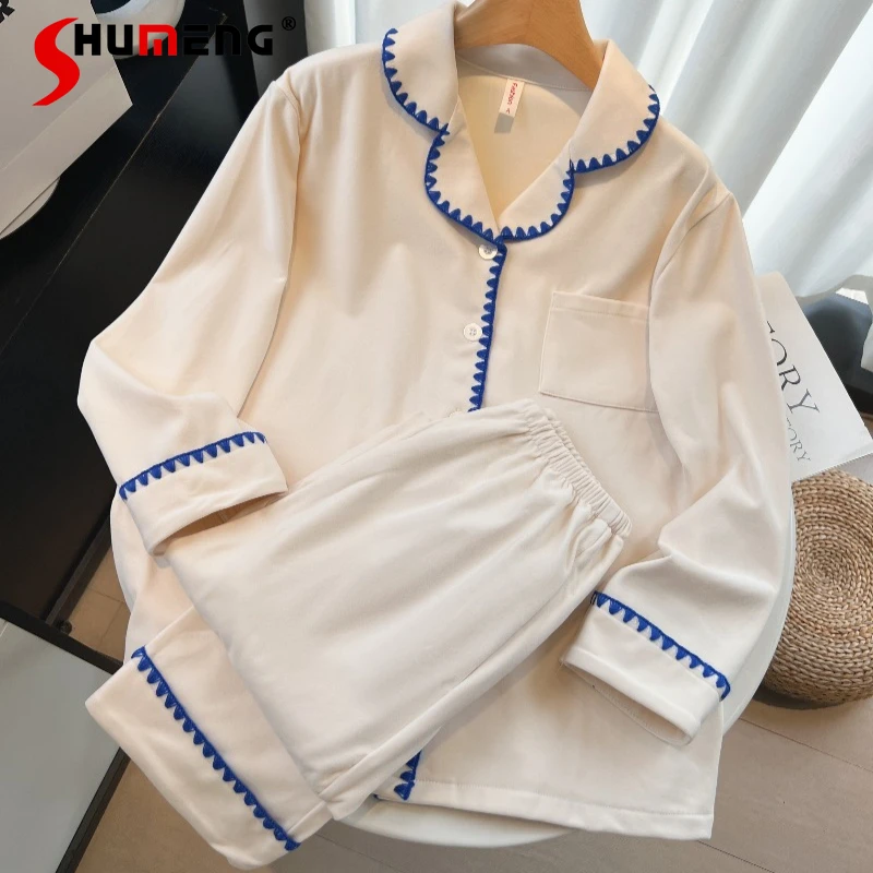 

Blue Patchwork Women's Velvet Sleep Wear Spring Autumn New Simple Pajamas Suits Female Japanese Style Sweet Home Wear Set