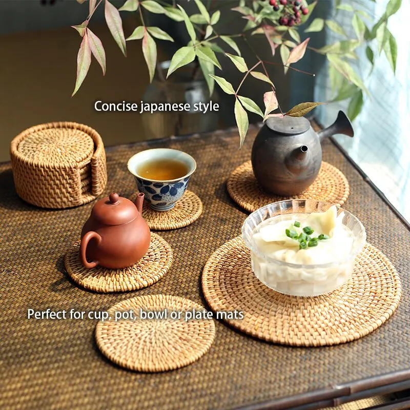 6Pcs Drink Coasters Set For Kungfu Tea Accessories Round Tableware Placemat Dish Mat Rattan Weave Cup Mat Pad Diameter 8Cm