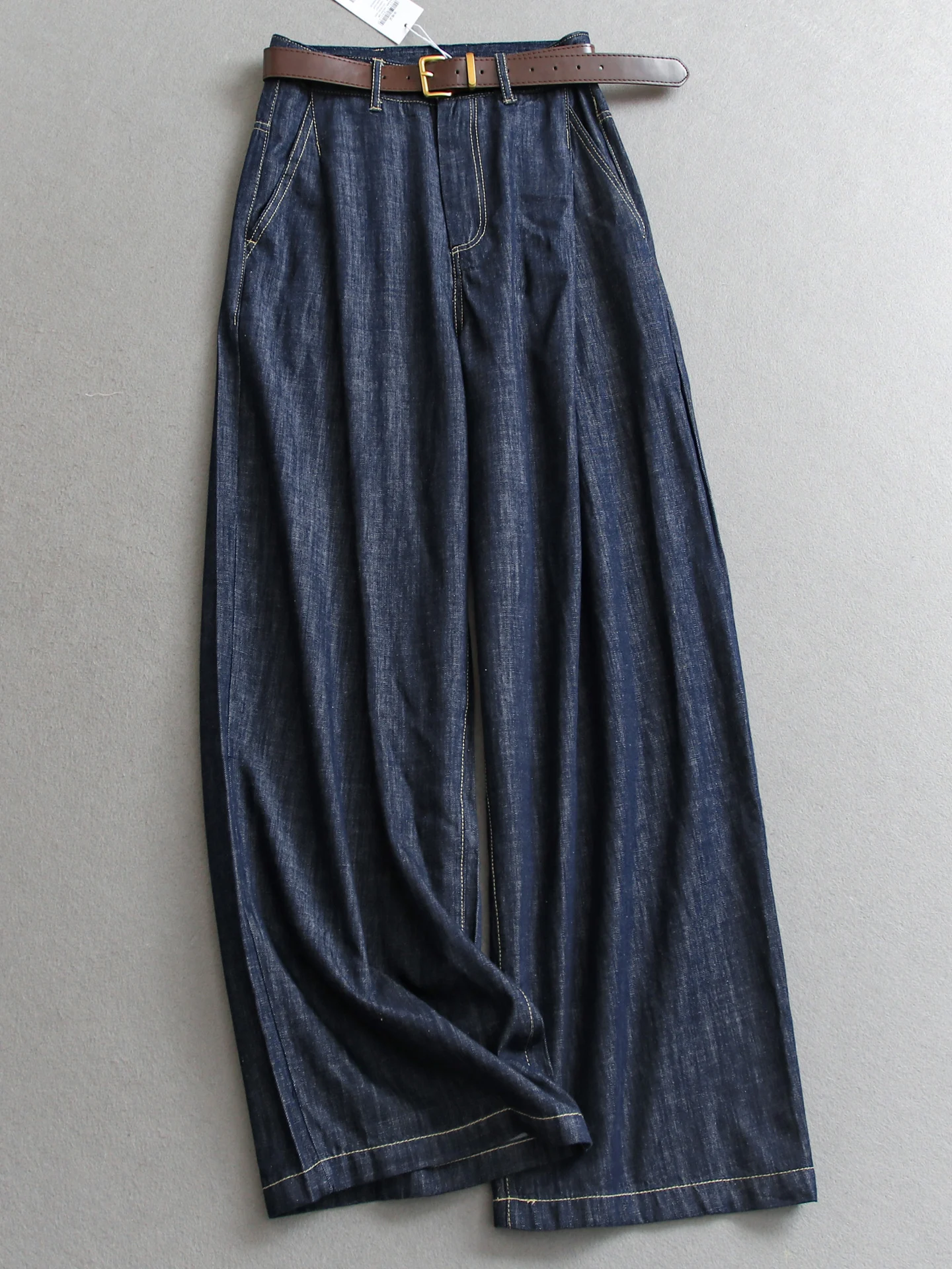 

High Waist Loose Straight Leg Jeans Deep Blue Women's Pants Belted Long Legging Effect Comfortable Breathable Cotton Denim