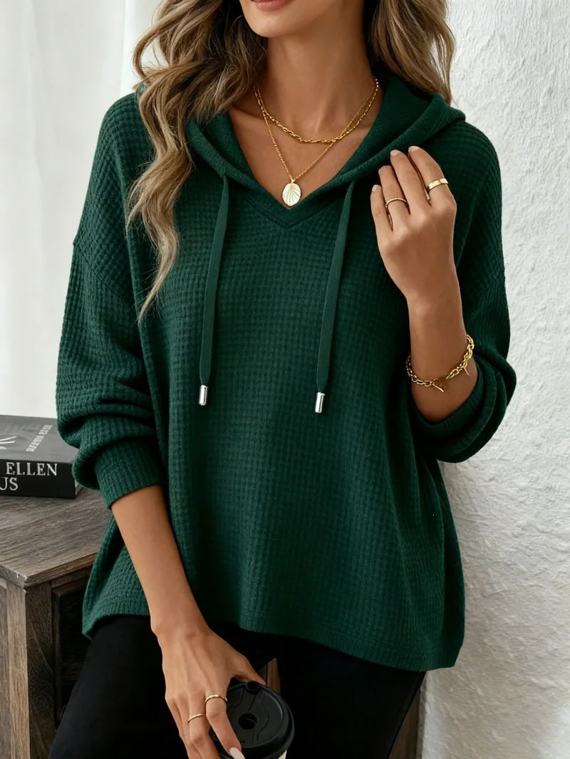 Women's New V Neck Henley Hooded Pullover Sweatshirt Drawstring Long Sleeve Loose Fit Trendy Casual Office Daily Wear Hoodie Top