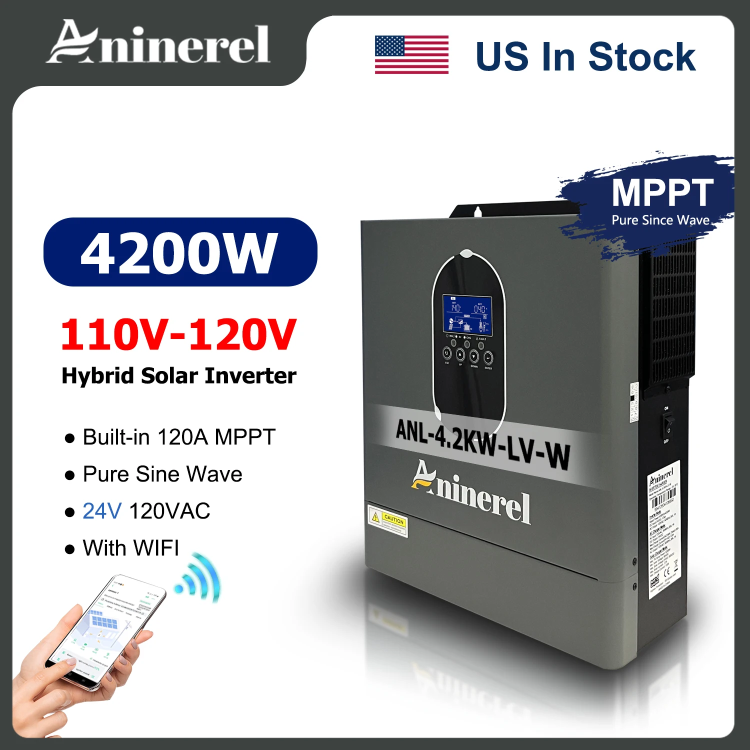 Aninerel 120V 4200W PV Solar Inverter 24V 120A MPPT Off-Grid Pure Sine Wave Home Inverter With WIFI US In Stock