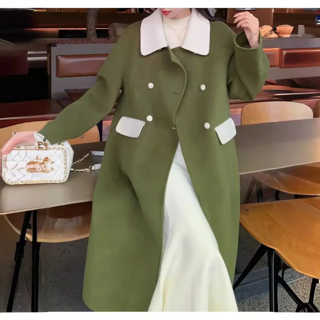 

Women's Tweed Style Green Color-Block Long Double-Sided Cashmere Outwear Classy Designer Woolen Jacket