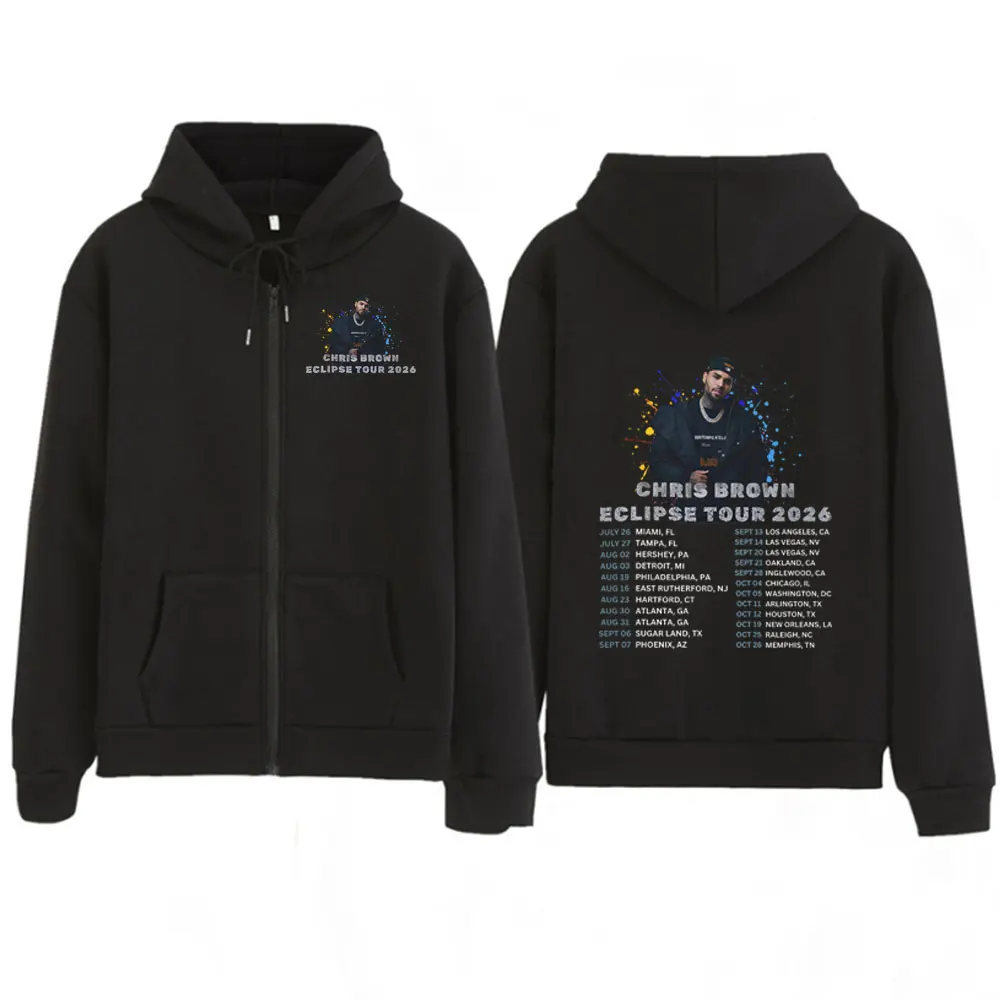 

Худи на молнии с принтом Rapper Chris Brown Eclipse Tour 2026, мужская одежда, толстовка, зимняя мода, хип-хоп, длинные рукава, уличная одежда