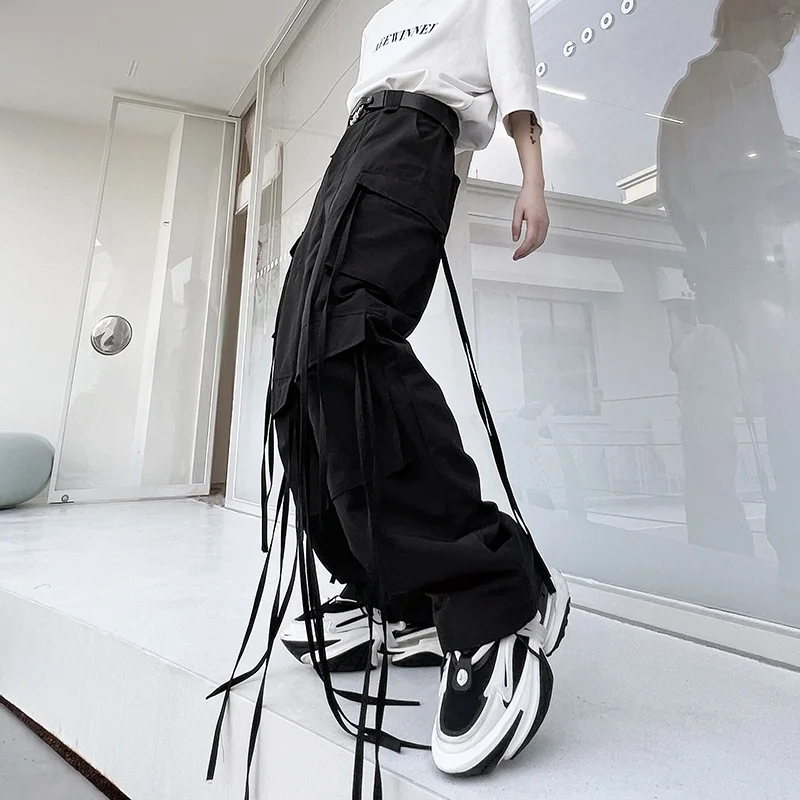 Fashion Hip Hop Pants Men High Waist Long Ribbons Multiple Pockets Black White Straight Baggy Trousers Boys Streetwear Bottoms