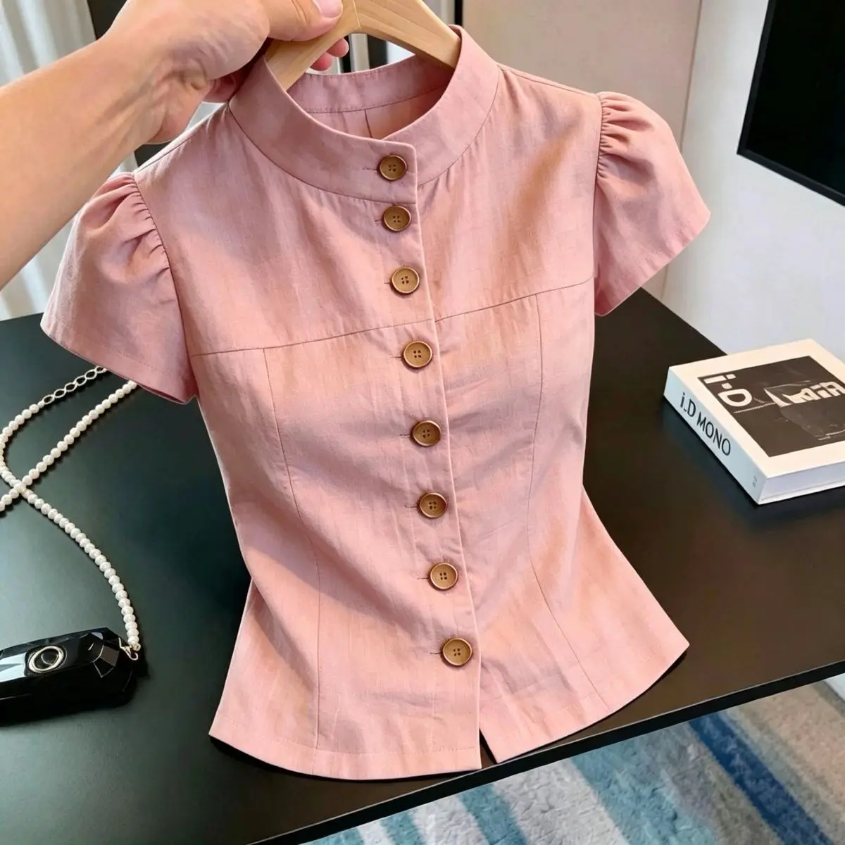 

Summer Slimming Single-Button Pink Shirt round Neck Short Sleeve Women's Fashionable Luxury Style Casual Chic Business Office