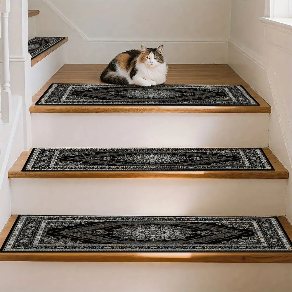 Black Patterned Classic Design Printed Staircase Mat For Elderly And Children Anti-Slip Staircase Tread And Step Protection Rug