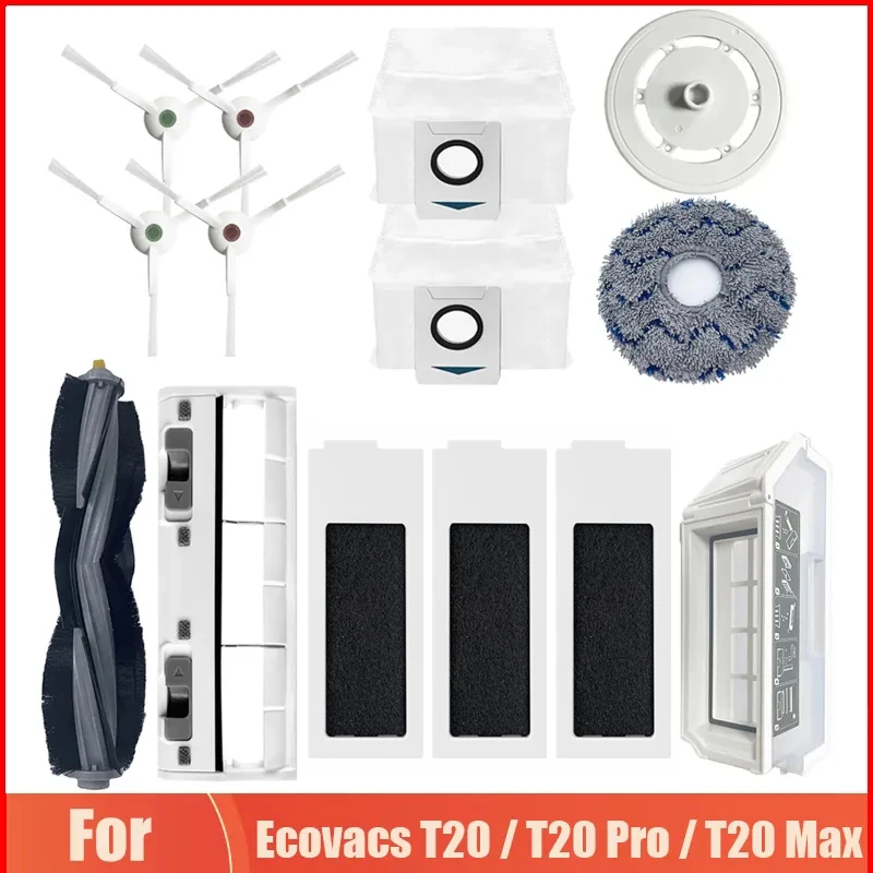 For Ecovacs T20 / T20 Pro / T20 Max Robot Vacuum Cleaner Roller Side Brush Cover Dust Bags Parts Mop Cloth Rags Hepa Filter