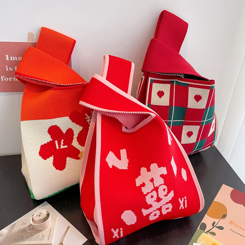 1pcs Handmade Knit Handbag Women Mini Knot Wrist Bag Japanese Casual Color Tote Bag Student Reusable Shopping Bags 20x35cm