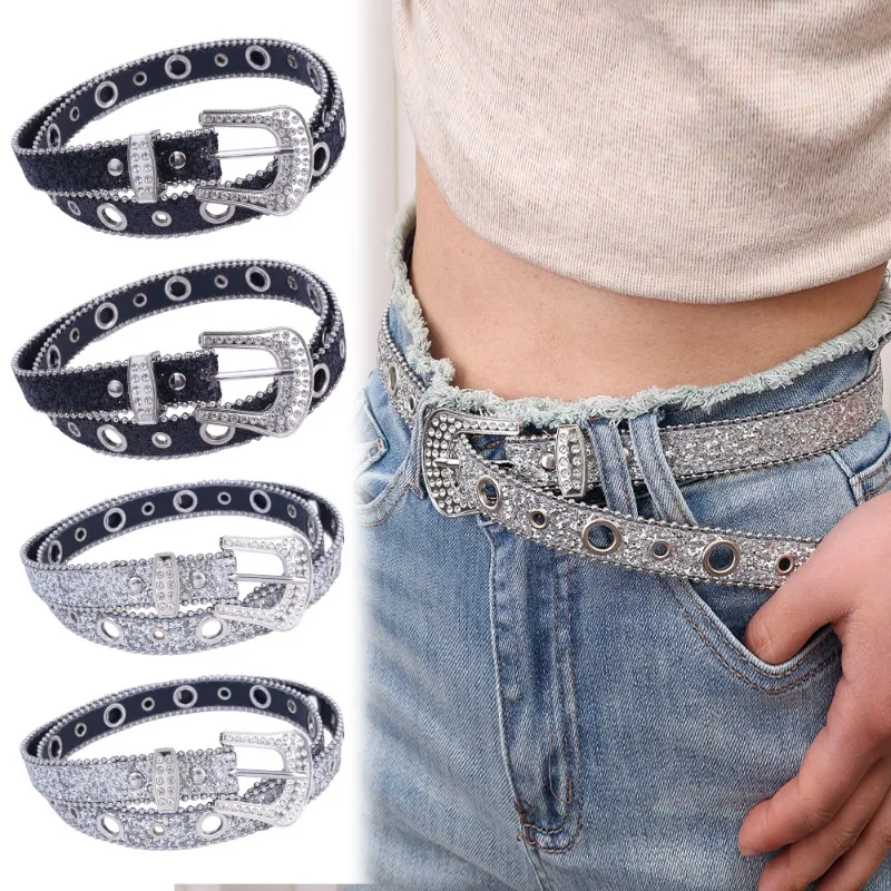 Y2K Rhinestone Belt Punk Hot Girl Buckle Belts Silver Leather Elastic Binding Embellished Waistband Sparkling Retro Accessories