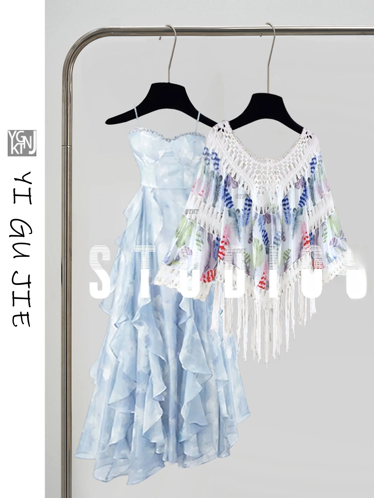 

Summer Blue Women's Two-Piece Set Complete Ensemble Ethnic Style Cover up Dress V-Neck Short Sleeve Fashionable Outfit