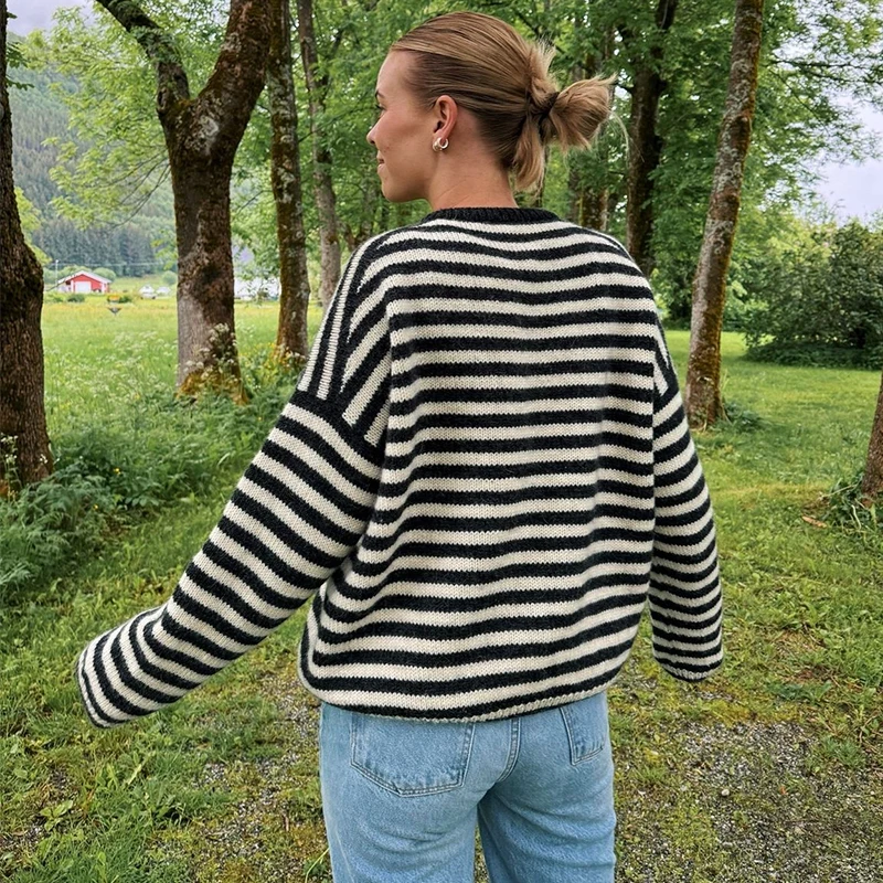 Stripe Baggy Women Knitted Sweater Streetwear Gothic Long Sleeve Pullover Female Jumper 2024 Autumn Winter Warm Loose Sweatshirt