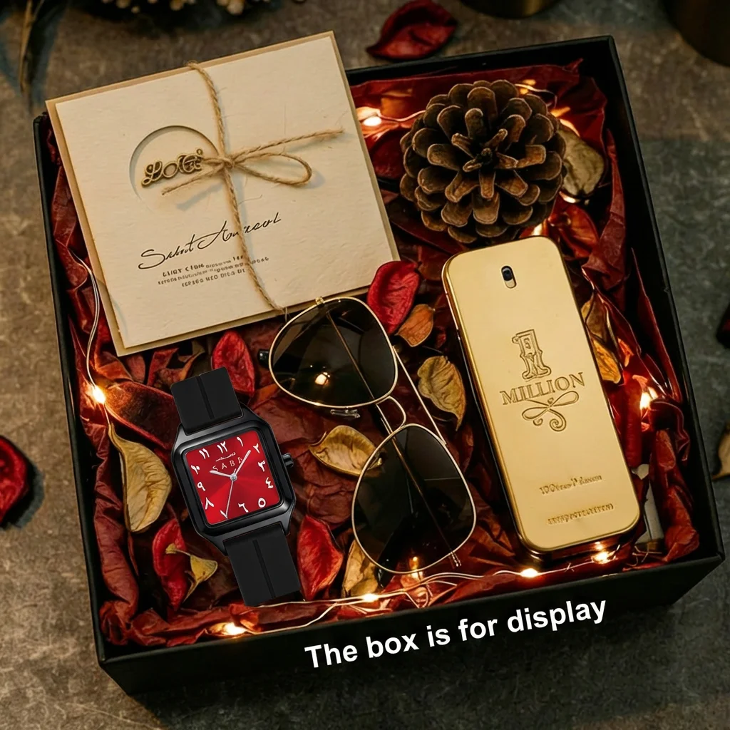 4pcs Women's Red Black Silicone Strap Modern Elegant Stylized Numerals Sunglasses Perfume Quartz Watch Gift Box Set