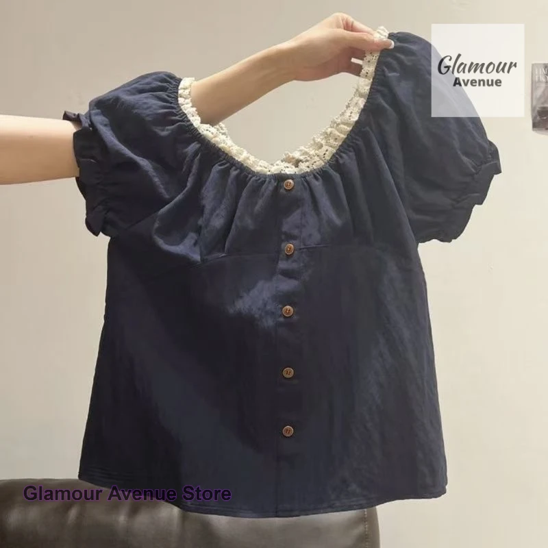 Summer new fashion advanced design temperament new lace shirt female French retro loose plus size slim casual lace Joker top