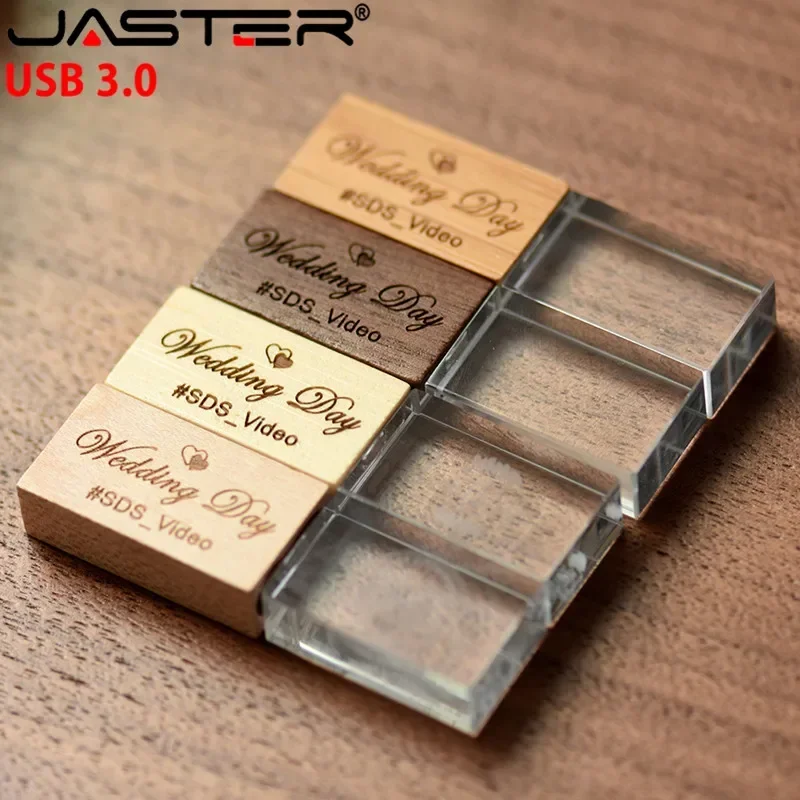 Crystal Wooden Box USB 3.0 Flash Drive 4GB 8GB 16GB 32GB 64GB 128GB Photography Gifts Pen Drives Custom LOGO Memory Stick U Disk