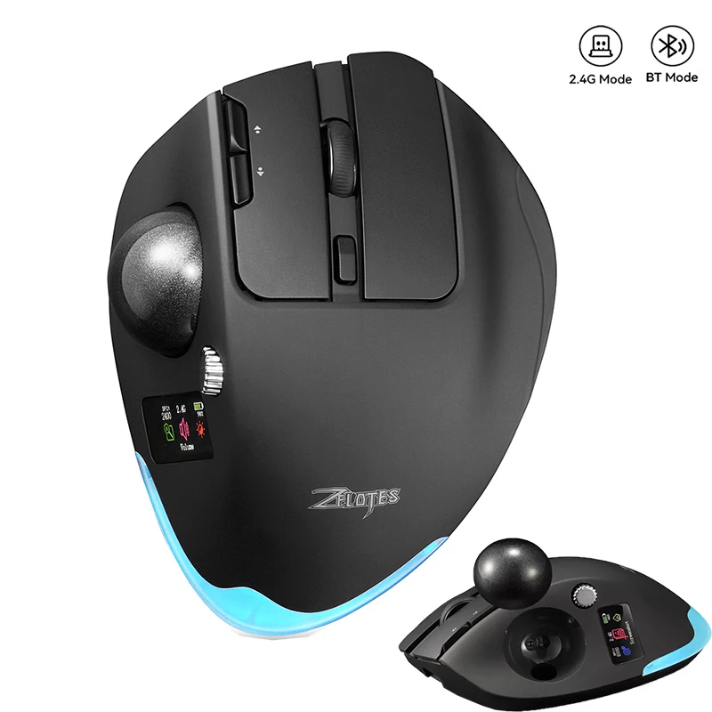 Ergonomic BT& 2.4G Wireless Trackball Mouse with Screen Display,Rechargeable 8000DPI Wirelss Backlit Mice for Window/Mac OS
