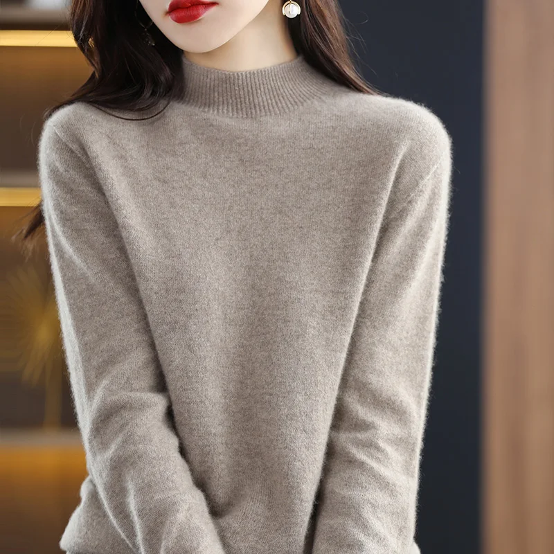 Autumn Woman\'s Sweaters Female Pullover Long Sleeve Half Turtleneck Basic Style Jumper 100% Wool Knitted Tops Cashmere Sweaters