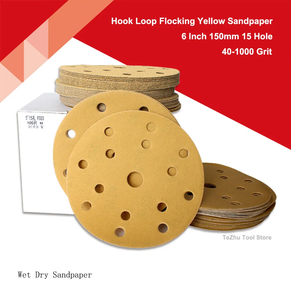 

6 Inch 150mm 15 Hole Wet&Dry Yellow Sandpaper Disc 40-1000 Grit Hook Loop Flocking Self-adhesive Polishing Sanding Paper