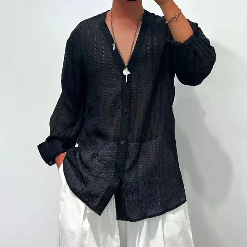Transparent Thin Mesh Tops Men Vintage Button-up V Neck Shirts For Mens Long Sleeve Solid Color Cardigan Spring Men\'s Clothing