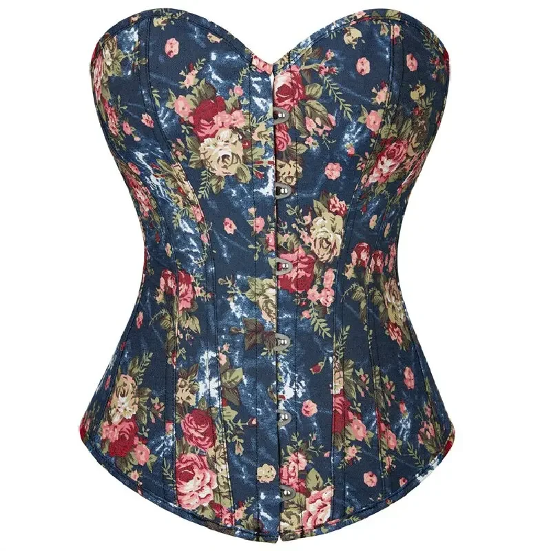 

Fashion Women's Corset Vintage Print Floral Denim Bustie Overbust Burlesque Sexy Lingerie Top Waist Cincher Body Shaper Blue