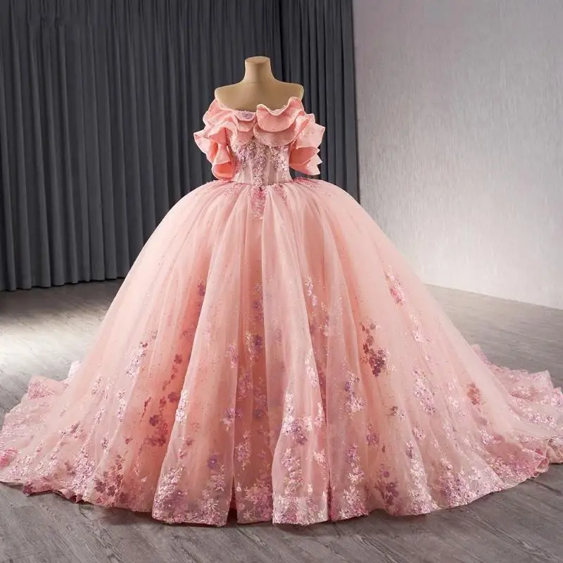 

Luxury Pink Shiny Quinceanera Dresses Off Shoulder Applique Lace Tull Vestidos 15 De XV Años XV Brithday Sweet 16 Dress