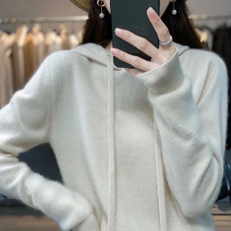 Hot Sale New Style 100% Cashmere Wool Ladies Hooded Sweater Loose High-end Long-sleeved Knit Solid Color Pullover Autumn Winter